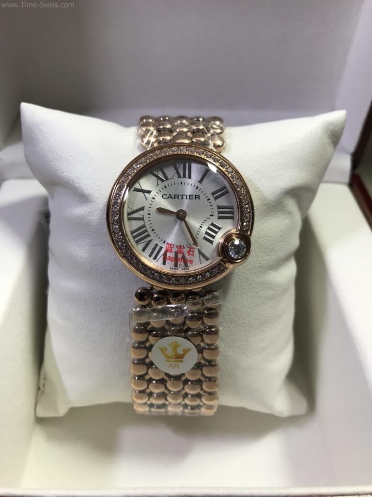 Cartier Ballon Bleu Gold Rose Gold White Dial Diamond Ladies สายไขปลา ผู้หญิง 01