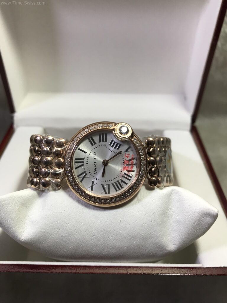 Cartier Ballon Bleu Gold Rose Gold White Dial Diamond Ladies สายไขปลา ผู้หญิง 06