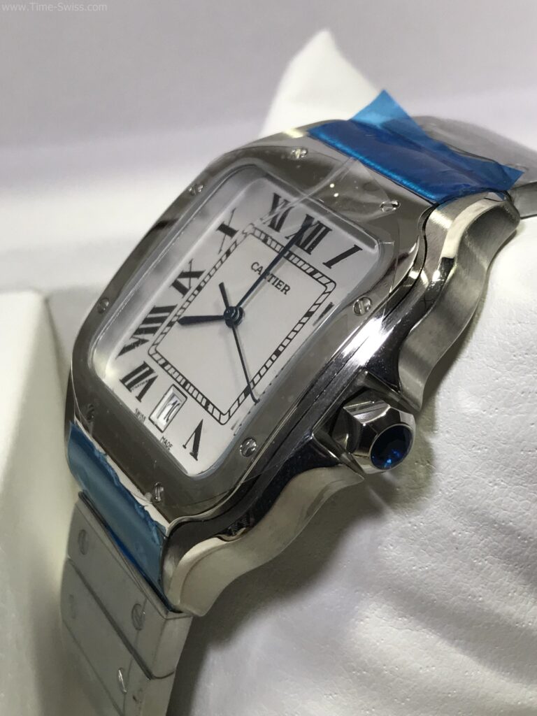 Cartier Santos De White Dial ขอบเรียบ สายเหล็ก 40mm 02