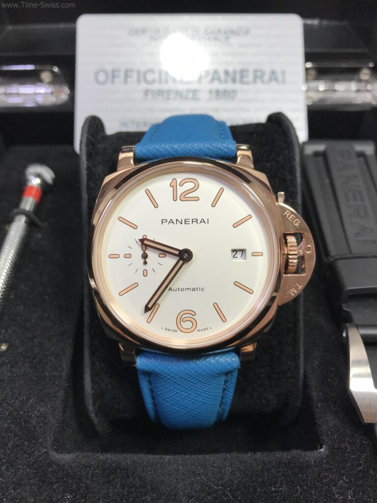 Panerai PAM1045 Luminor Rose Gold Whtie Dial 38mm สายหนังสีน้ำเงิน 01