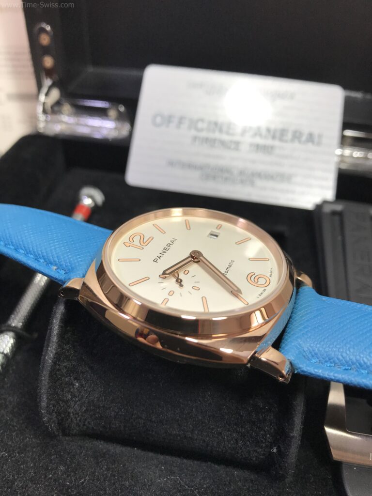 Panerai PAM1045 Luminor Rose Gold Whtie Dial 38mm สายหนังสีน้ำเงิน 03