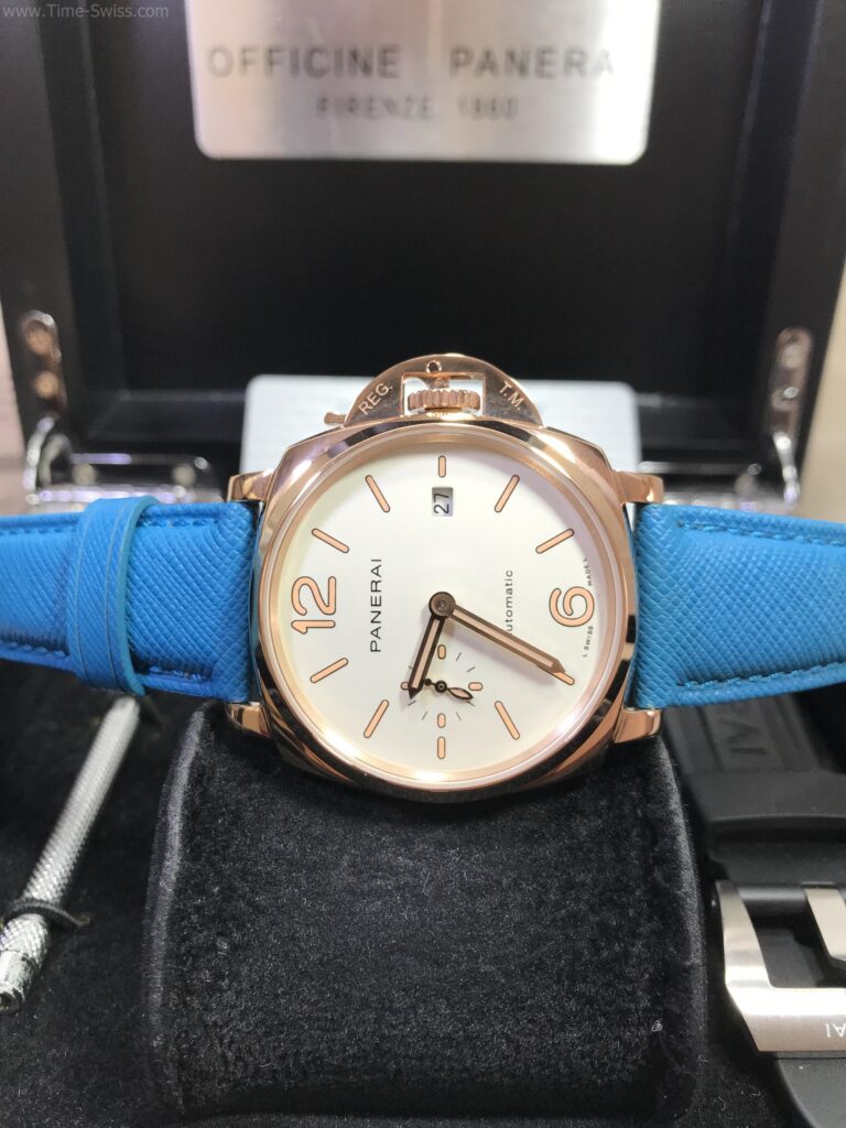 Panerai PAM1045 Luminor Rose Gold Whtie Dial 38mm สายหนังสีน้ำเงิน 06