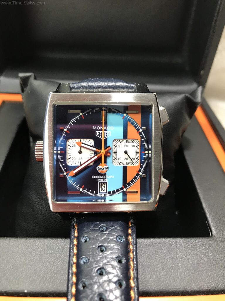 TAG Heuer Monaco Gulf Blue Orange Dial 40mm หน้าดำคาดสั้มฟ้า สายหนัง