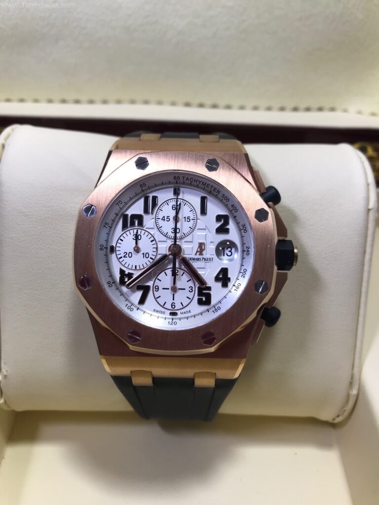 Audemars Piguet Chronograph Rose Gold White Dial 44mm Swiss เรือนทอง หน้าขาว สายยาง 01