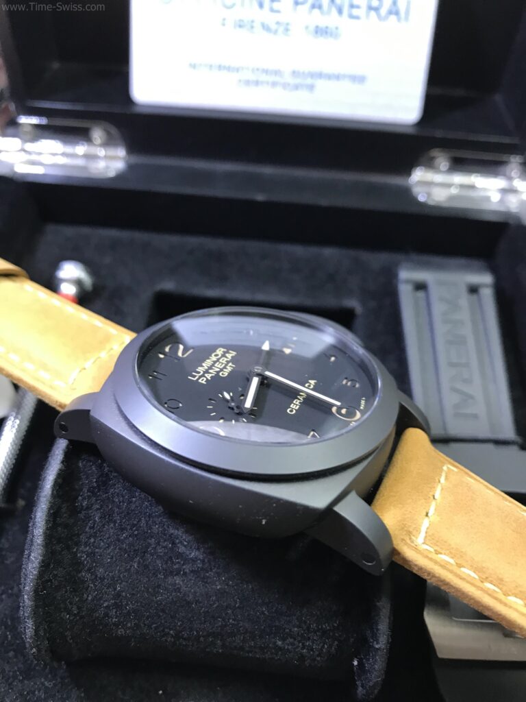 Panerai Luminor PAM441 GMT Ceramic Black Dial 44mm Swiss เรือนรมดำ สายหนังน้ำตาล 02