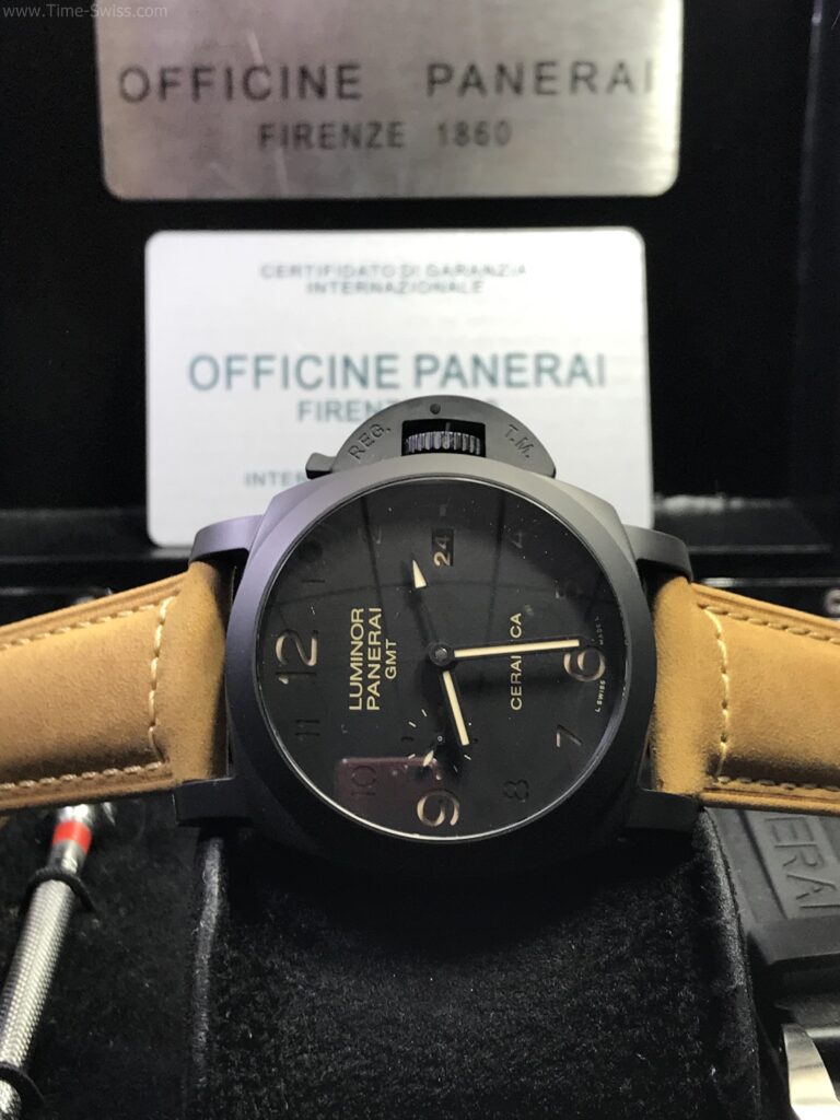 Panerai Luminor PAM441 GMT Ceramic Black Dial 44mm Swiss เรือนรมดำ สายหนังน้ำตาล 05