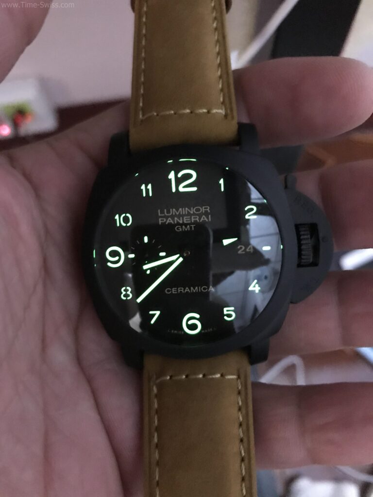 Panerai Luminor PAM441 GMT Ceramic Black Dial 44mm Swiss เรือนรมดำ สายหนังน้ำตาล 07