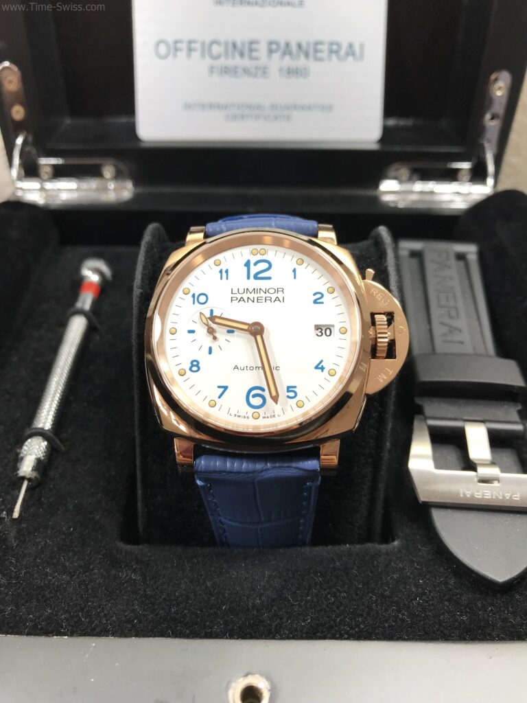 Panerai PAM756 Rose Gold White Dial 44mm Swiss เรือนทอง หน้าขาว สายหนังน้ำเงิน 01