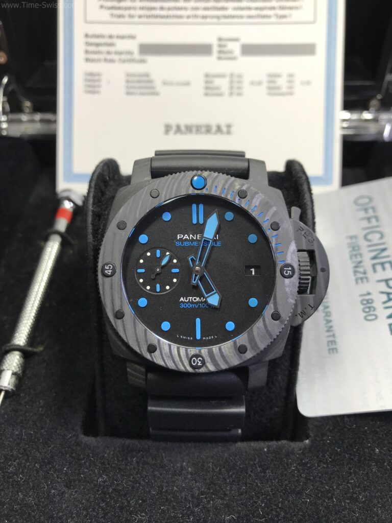 Panerai PAM960 Submersible Carbotech Black Dial 42mm Swiss เรือนรมดำ เข็มสีฟ้า 01