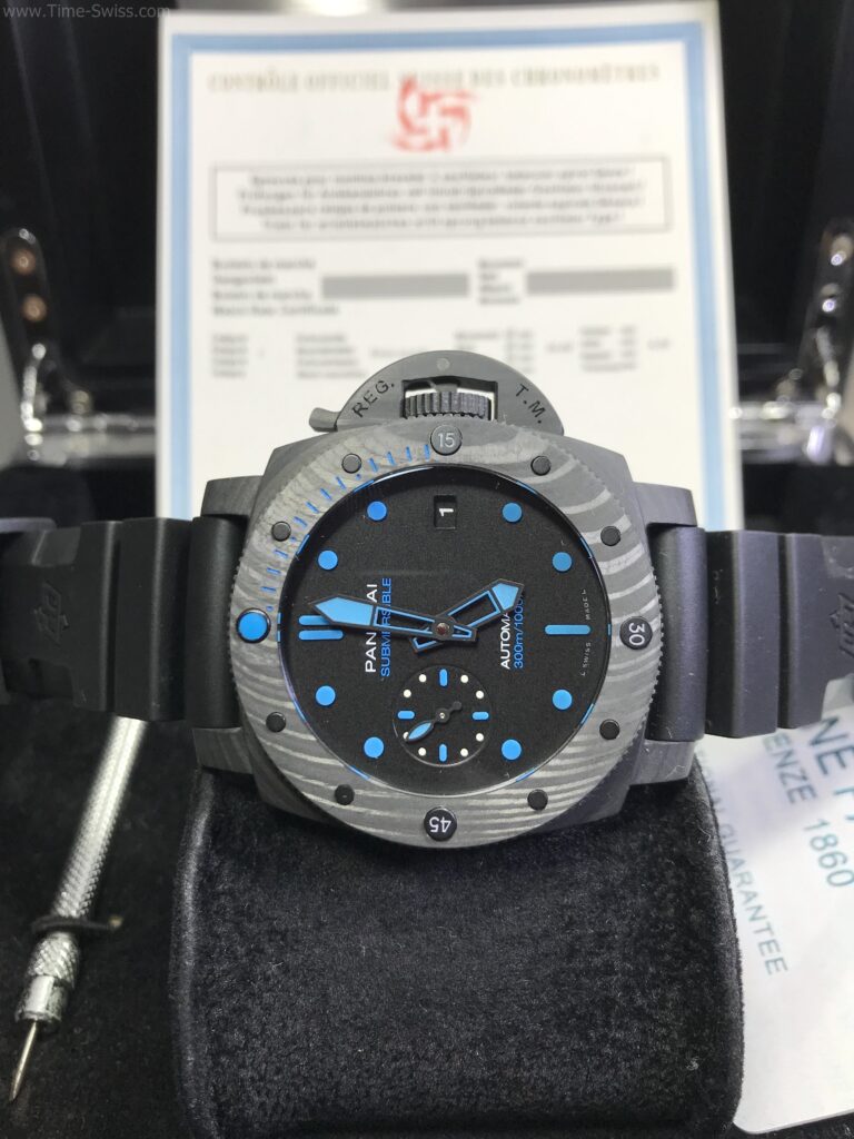 Panerai PAM960 Submersible Carbotech Black Dial 42mm Swiss เรือนรมดำ เข็มสีฟ้า 06