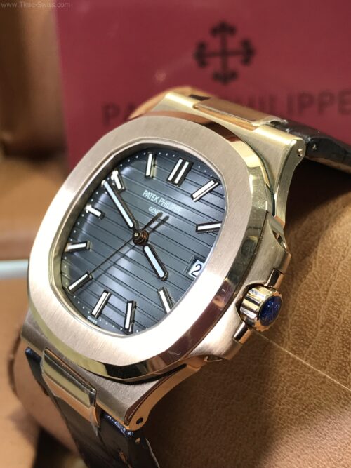 Patek Nautilus 5711 Rose Gold Grey Dial 40mm Leather Strap 3K Swiss