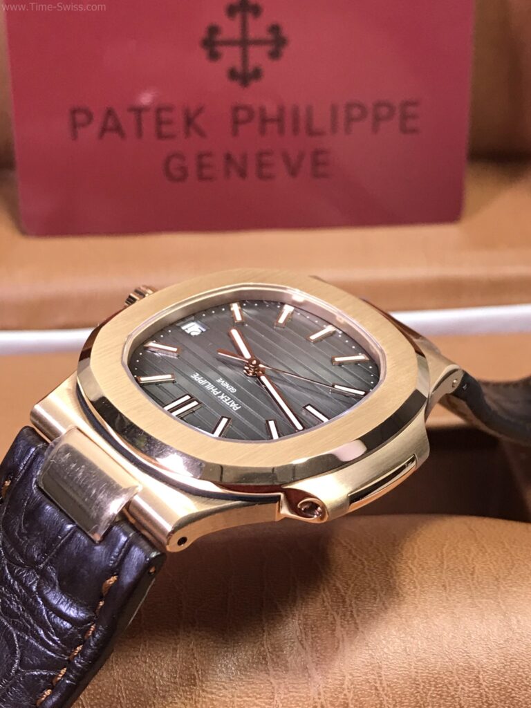 Patek Nautilus 5711 Rose Gold Grey Dial 40mm Leather Strap 3K Swiss เรือนทอง หน้าเทา สายหนังน้ำตาล 03