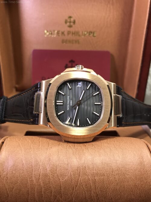 Patek Nautilus 5711 Rose Gold Grey Dial 40mm Leather Strap 3K Swiss