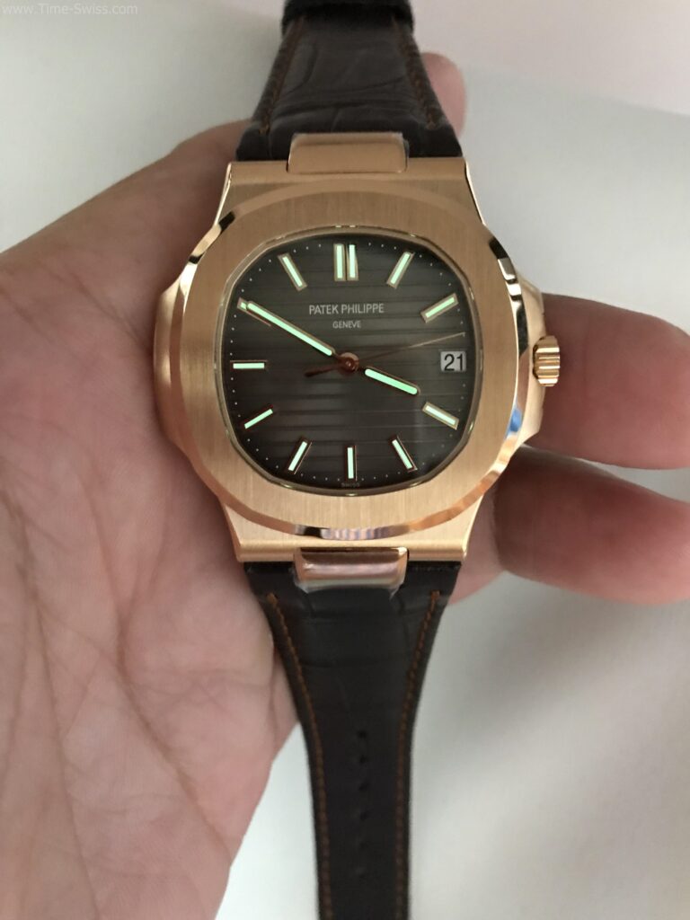 Patek Nautilus 5711 Rose Gold Grey Dial 40mm Leather Strap 3K Swiss เรือนทอง หน้าเทา สายหนังน้ำตาล 09