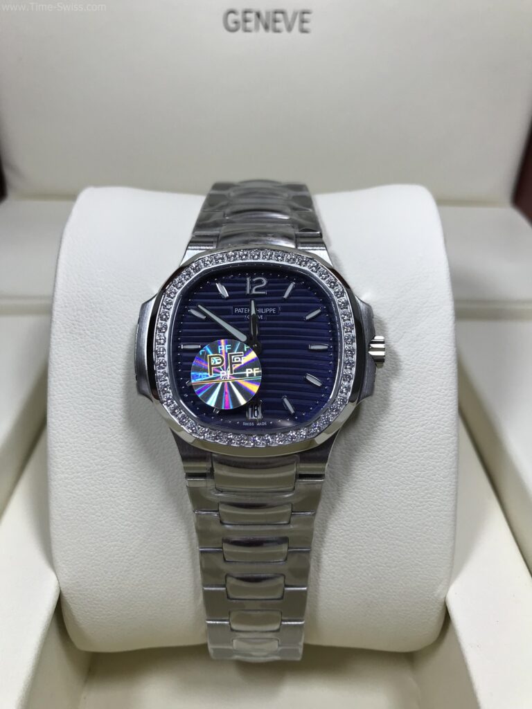 Patek Nautilus 7118-1200A Diamond Blue Dial 35mm PPF Ladies Swiss เรือนเงิน ขอบเพชร หน้าน้ำเงิน สายเหล็ก ผู้หญิง 01