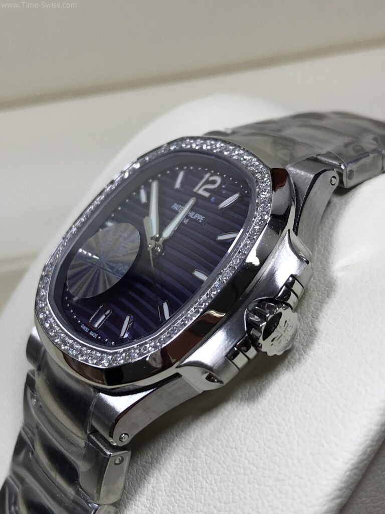 Patek Nautilus 7118-1200A Diamond Blue Dial 35mm PPF Ladies Swiss เรือนเงิน ขอบเพชร หน้าน้ำเงิน สายเหล็ก ผู้หญิง 02