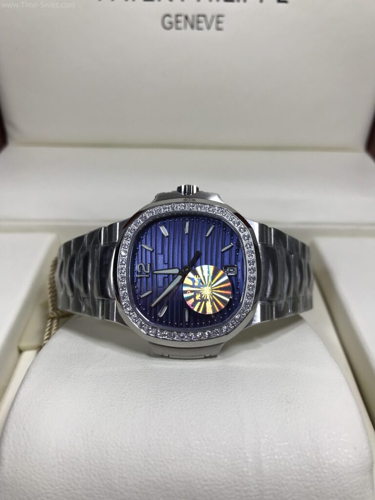 Patek Nautilus 7118-1200A Diamond Blue Dial 35mm PPF Ladies Swiss เรือนเงิน ขอบเพชร หน้าน้ำเงิน สายเหล็ก ผู้หญิง 07