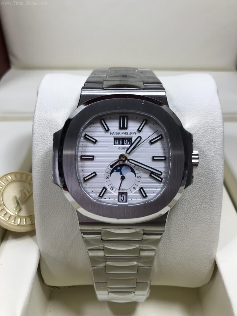 Patek Nautilus Moon 5726-1A White 40mm PPF Swiss เรือนเงิน หน้าขาว พระจันทร์ สายเหล็ก 01