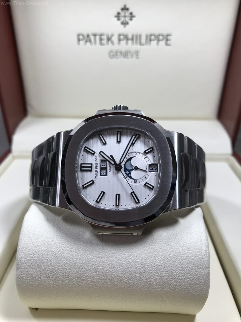 Patek Nautilus Moon 5726-1A White 40mm PPF Swiss เรือนเงิน หน้าขาว พระจันทร์ สายเหล็ก 07