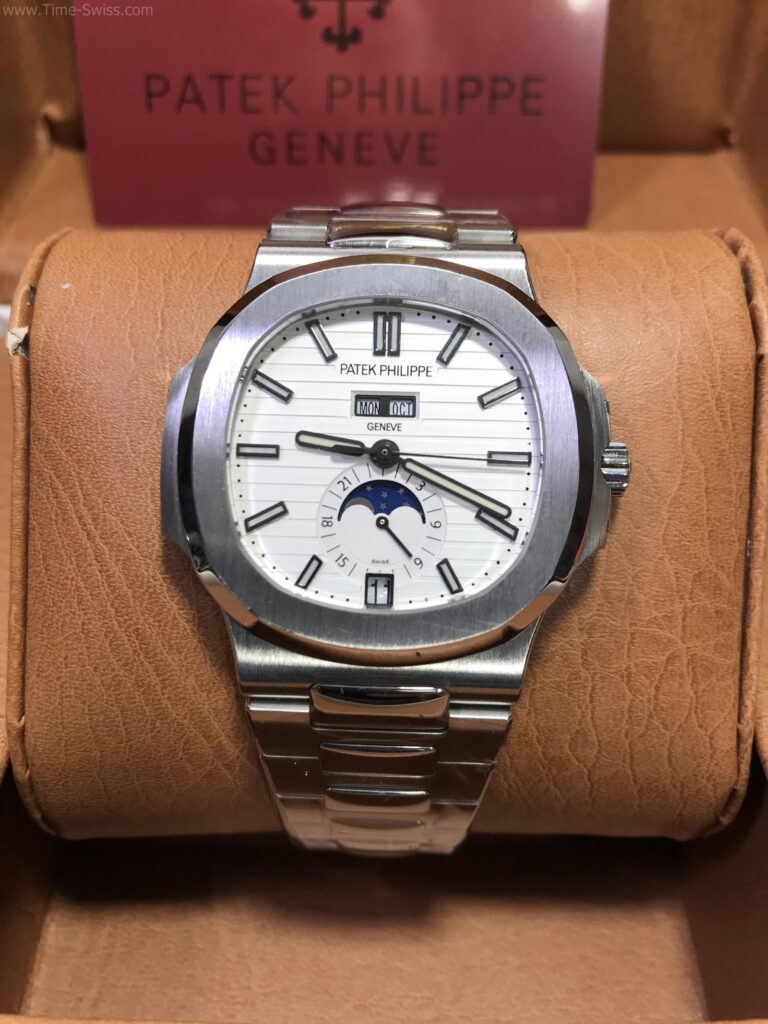 Patek Nautilus Moon 5726-1A White 40mm KM Swiss เรือนเงิน หน้าขาว พระจันทร์ สายเหล็ก 01