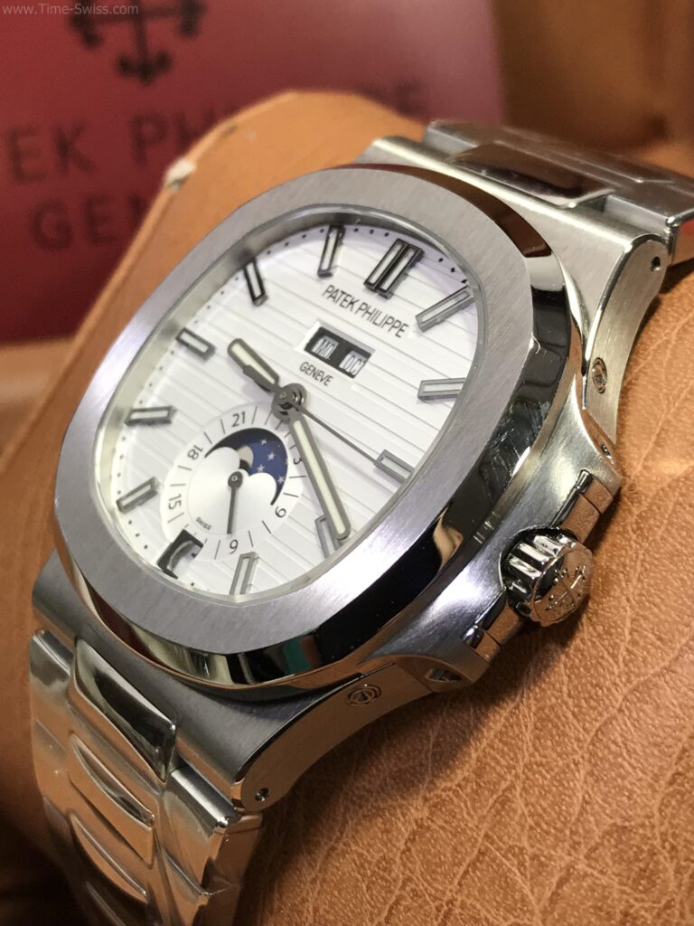 Patek Nautilus Moon 5726-1A White 40mm KM Swiss เรือนเงิน หน้าขาว พระจันทร์ สายเหล็ก 02