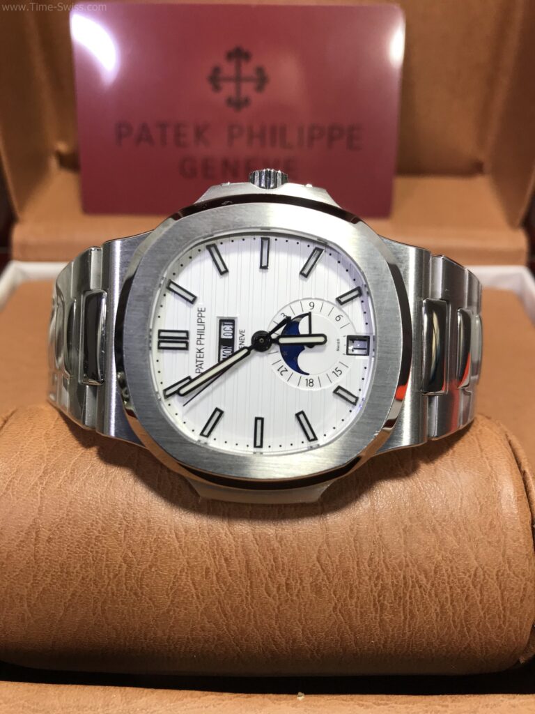 Patek Nautilus Moon 5726-1A White 40mm KM Swiss เรือนเงิน หน้าขาว พระจันทร์ สายเหล็ก 07