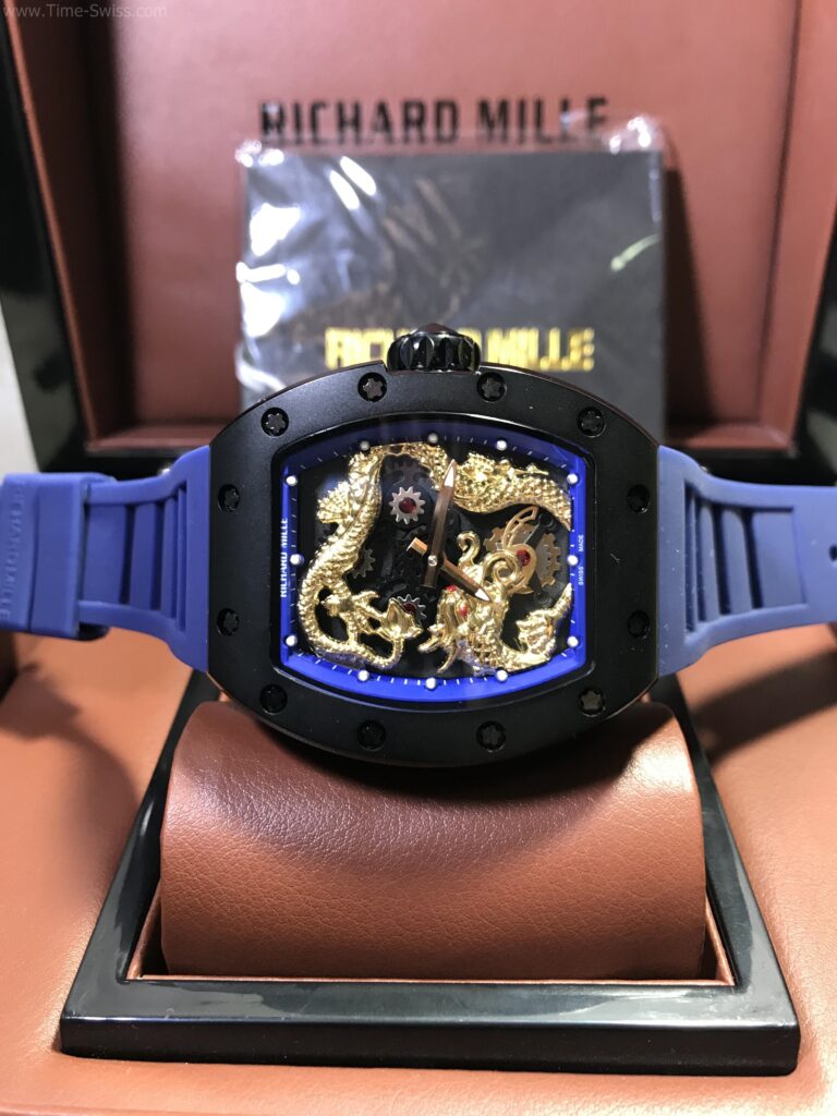 Richard Mille Dragon PVD Blue Dial Rubber 43mm Swiss หน้ามังกร ขอบในน้ำเงิน เรือนรมดำ 06