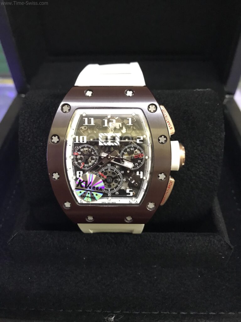 Richard Mille RM011 Flyback Chronograph Brown Ceramic 42mm KV Swiss เรือนน้ำตาล สายยางขาว 01