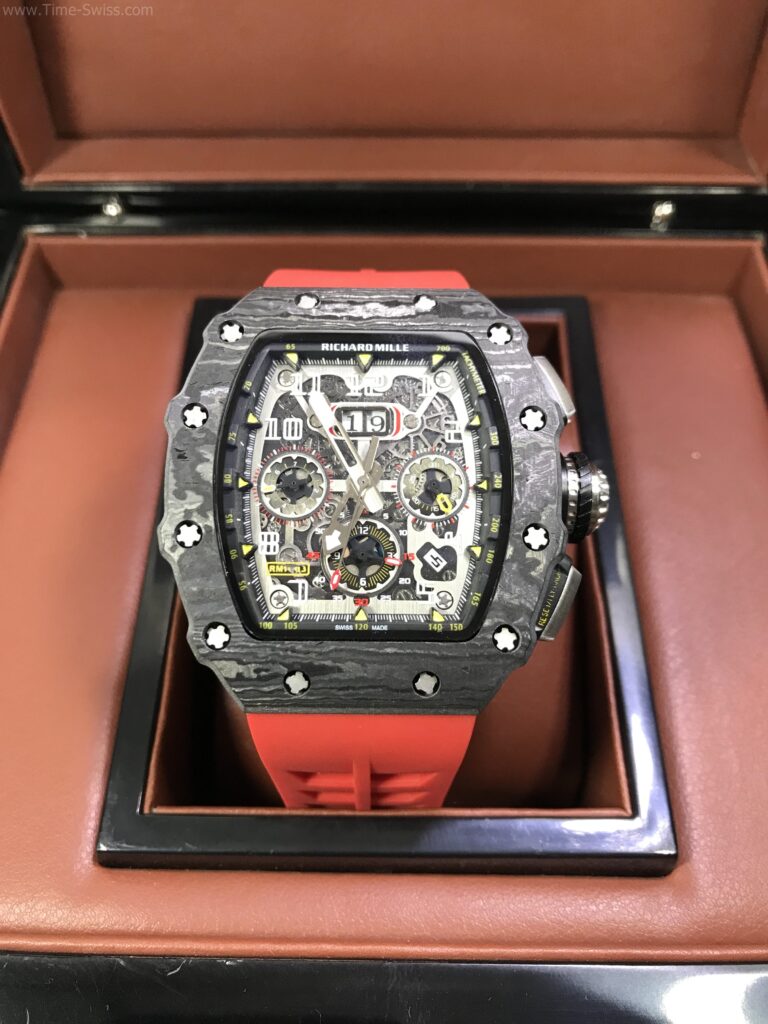 Richard Mille RM011-03 Carbon Red Rubber 42mm Swiss เรือนดำลาย สายยางแดง 01