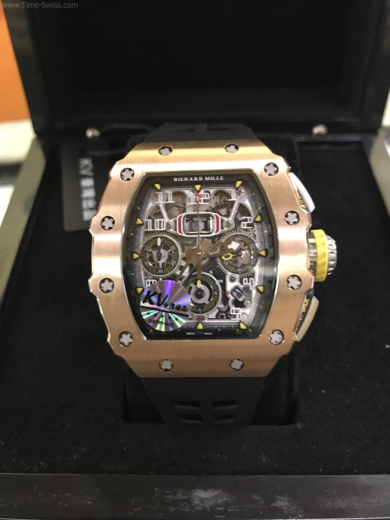 Richard Mille RM011-03 Rose Gold Black Rubber 42mm Swiss เรือนทอง สายยางดำ 01