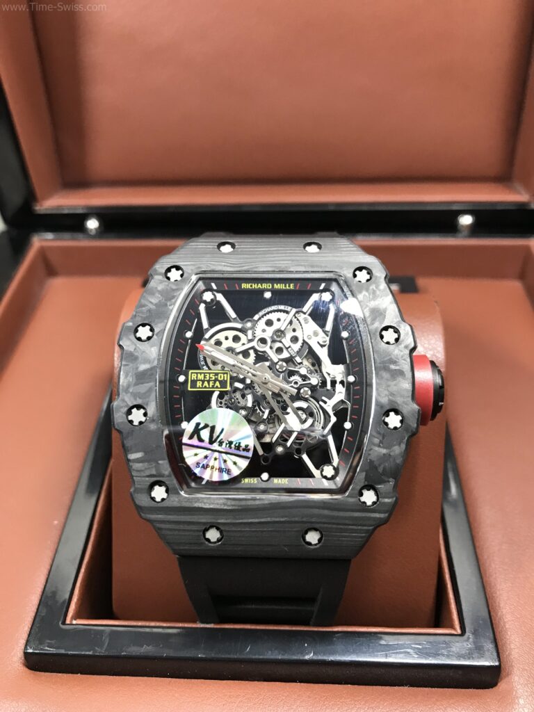 Richard Mille RM035 Carbon Black Rubber 40mm KV Swiss เรือนรมดำลาย สายยางดำ หลังปิด 01