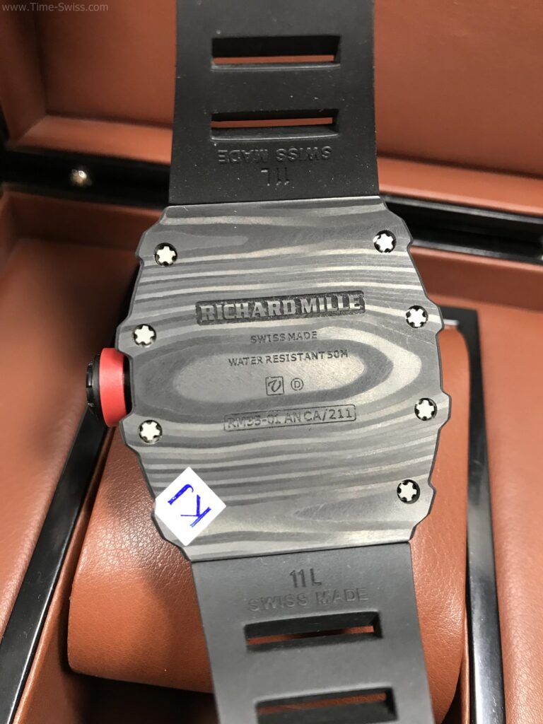 Richard Mille RM035 Carbon Black Rubber 40mm KV Swiss เรือนรมดำลาย สายยางดำ หลังปิด 05