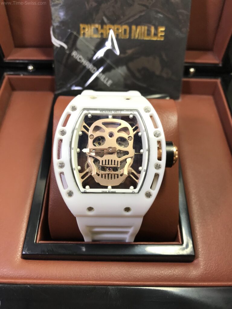 Richard Mille RM052 White Ceramic Skeleton Gold Dial Rubber 42mm Swiss เรือนขาว หน้ากระโหลกทอง 01