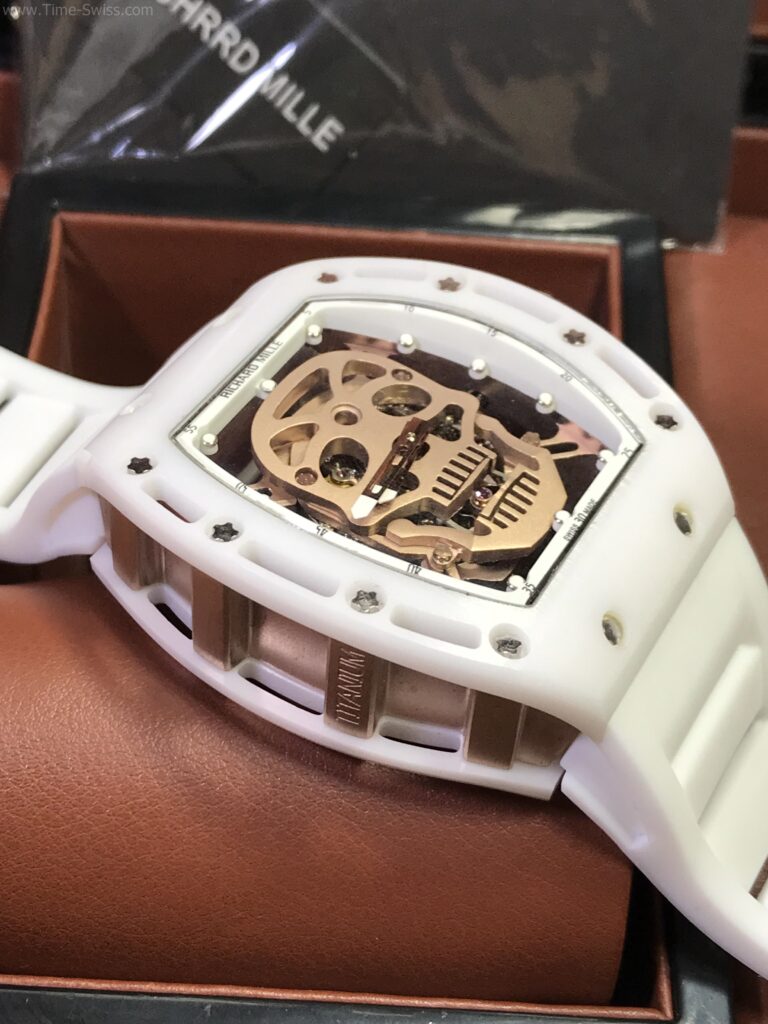 Richard Mille RM052 White Ceramic Skeleton Gold Dial Rubber 42mm Swiss เรือนขาว หน้ากระโหลกทอง 03