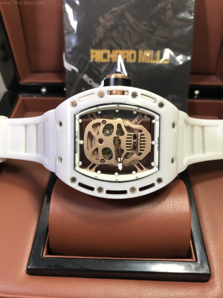 Richard Mille RM052 White Ceramic Skeleton Gold Dial Rubber 42mm Swiss เรือนขาว หน้ากระโหลกทอง 06