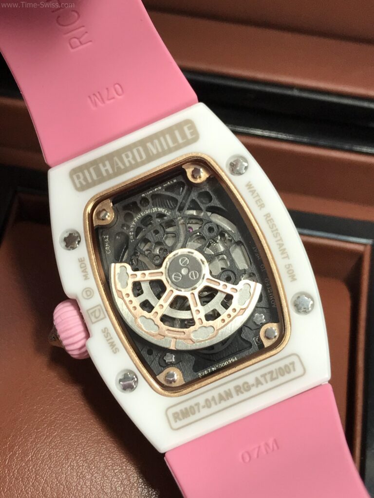 Richard Mille RM07-01 Ceramic Pink Dial 28mm Ladies Swiss เรือนเซลามิกขาว สายยางชมพู 05