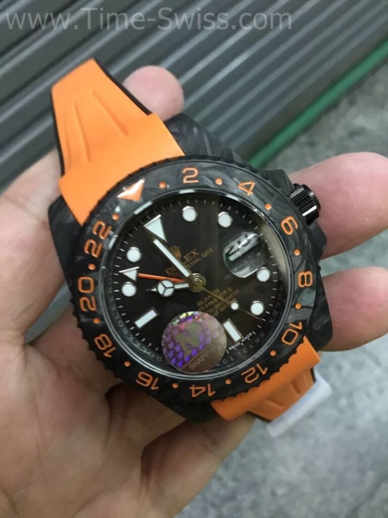 Rolex GMT BLAKEN Carbon Rubber 40mm Swiss เรือนคาร์บอน เข็มส้ม สายยางส้ม