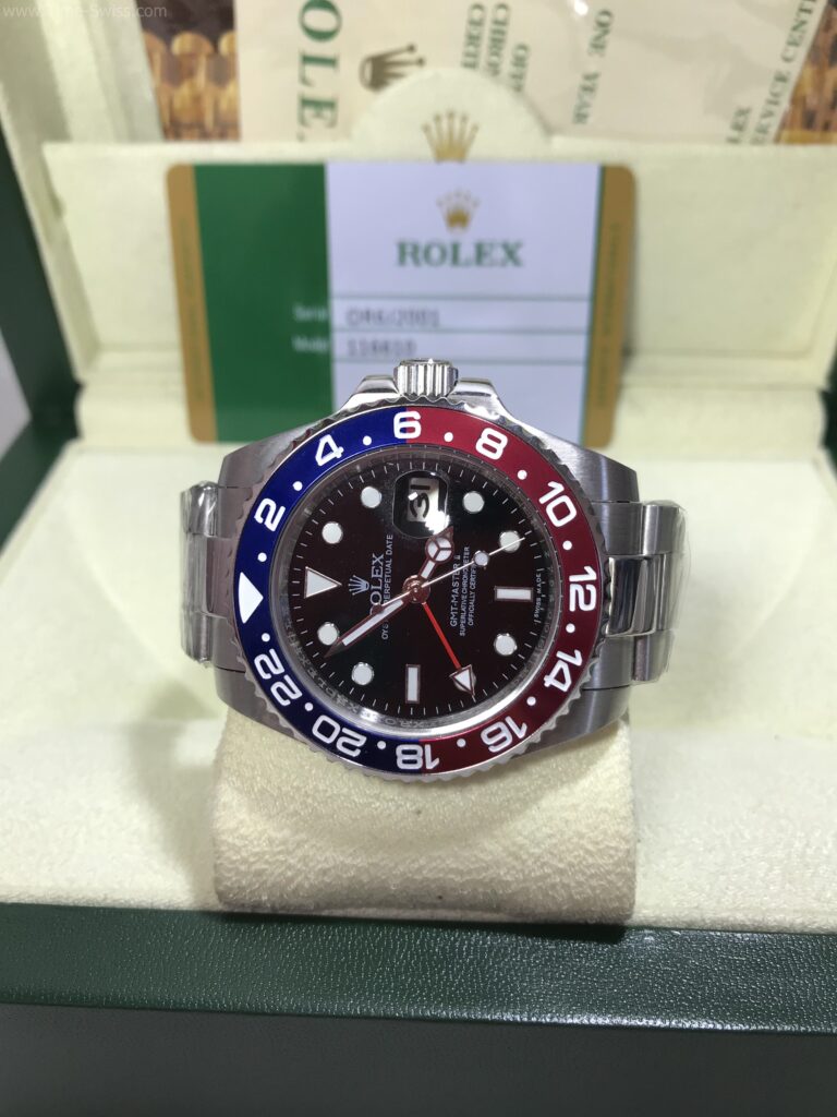 Rolex GMT Pepsi 40mm Swiss เรือนเงิน หน้าดำ ขอบฟิล์มแดงน้ำเงิน เป๊ปซี่ 07