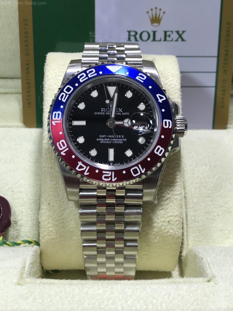 Rolex GMT Pepsi Jubilee 40mm Swiss เรือนเงิน หน้าดำ ขอบฟิล์มแดงน้ำเงิน เป๊ปซี่ สายจูบีลี่5ข้อ 01