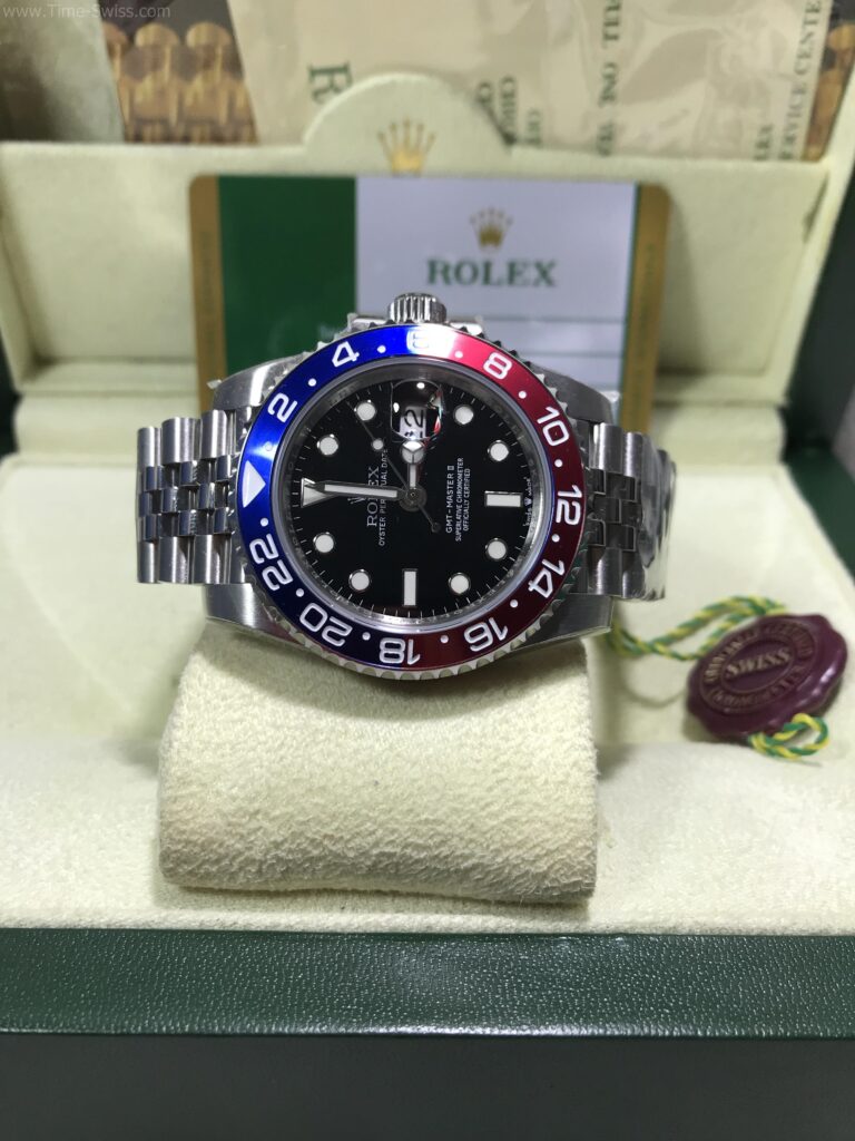 Rolex GMT Pepsi Jubilee 40mm Swiss เรือนเงิน หน้าดำ ขอบฟิล์มแดงน้ำเงิน เป๊ปซี่ สายจูบีลี่5ข้อ 08