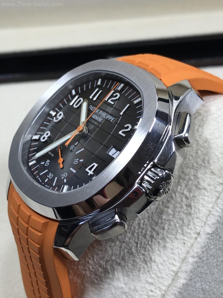 Patek Aquanaut 5968A Orange Rubble 42mm JF Swiss เรือนเงิน หน้าดำ เข็มส้ม สายยางส้ม 02