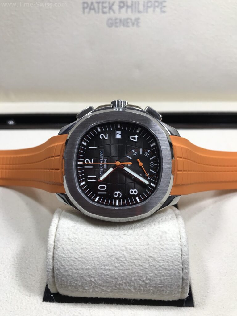 Patek Aquanaut 5968A Orange Rubble 42mm JF Swiss เรือนเงิน หน้าดำ เข็มส้ม สายยางส้ม 07