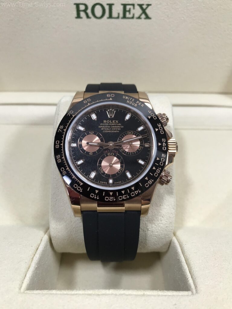 Rolex Daytona Rose Gold Black Dial 40mm Rubble EW Swiss สวิส เรือนทองพิ้ง หน้าดำ สายยาง 01