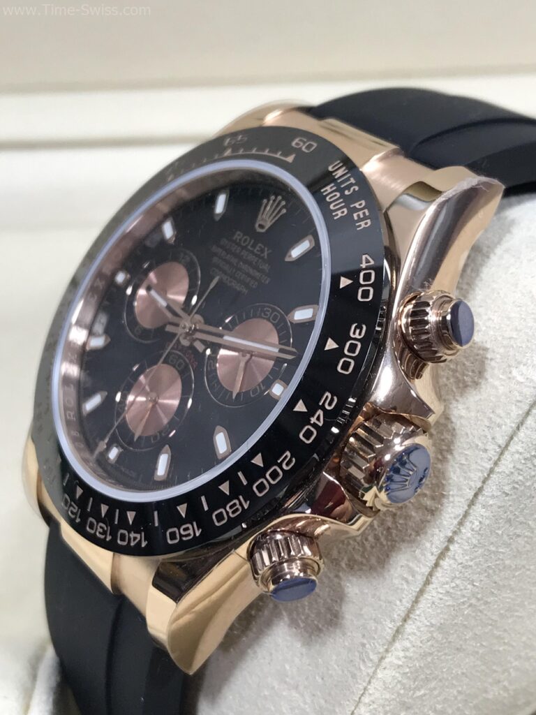 Rolex Daytona Rose Gold Black Dial 40mm Rubble EW Swiss สวิส เรือนทองพิ้ง หน้าดำ สายยาง 02