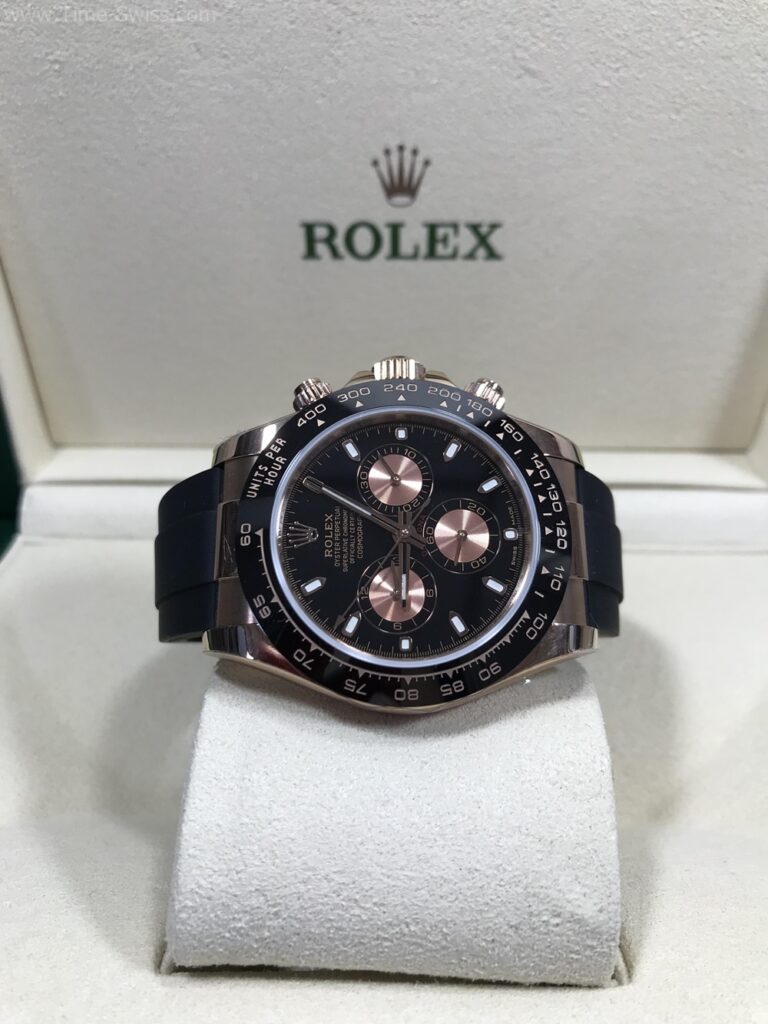 Rolex Daytona Rose Gold Black Dial 40mm Rubble EW Swiss สวิส เรือนทองพิ้ง หน้าดำ สายยาง 08