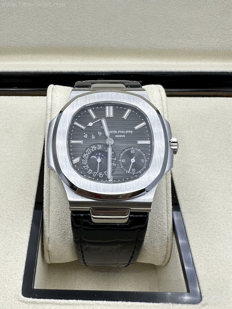 Patek Nautilus Moon Phase Black Dial Leather Strap ZF Swiss เรือนเงิน หน้าดำเทา สายหนัง 01