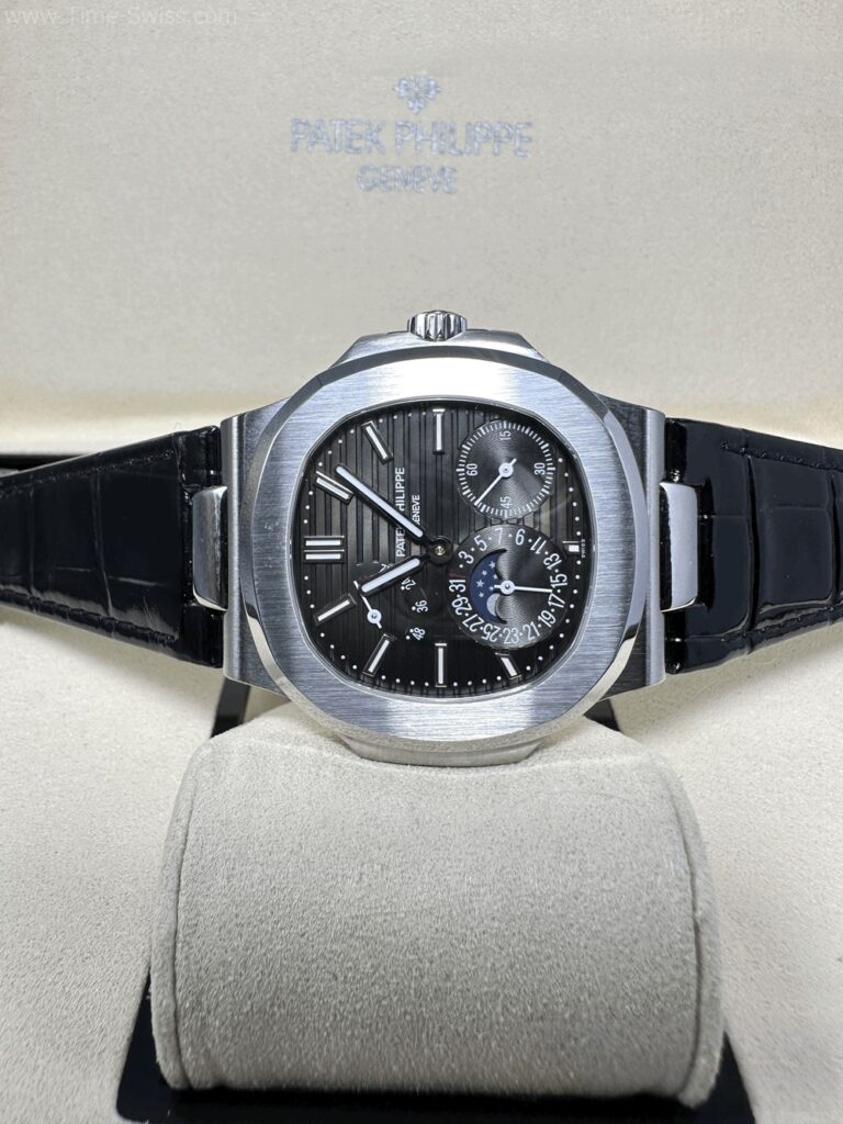 Patek Nautilus Moon Phase Black Dial Leather Strap ZF Swiss เรือนเงิน หน้าดำเทา สายหนัง 02