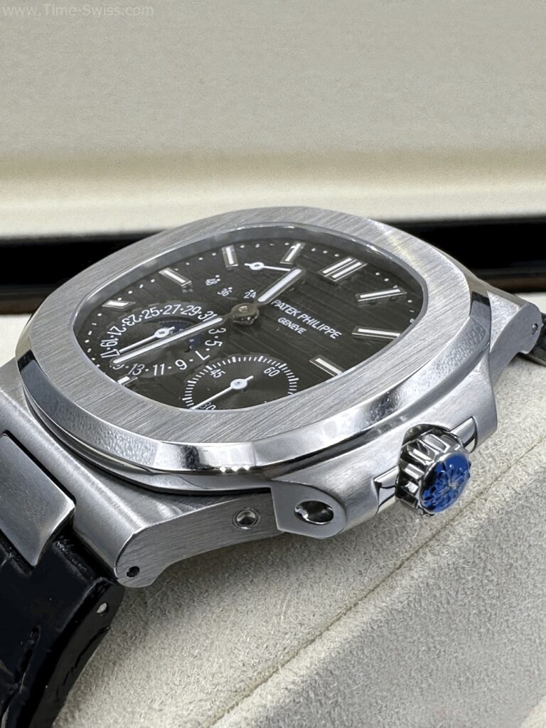 Patek Nautilus Moon Phase Black Dial Leather Strap ZF Swiss เรือนเงิน หน้าดำเทา สายหนัง 03