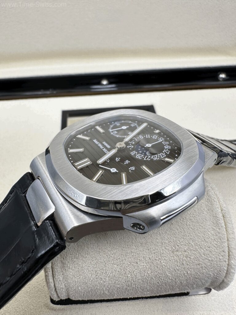 Patek Nautilus Moon Phase Black Dial Leather Strap ZF Swiss เรือนเงิน หน้าดำเทา สายหนัง 04