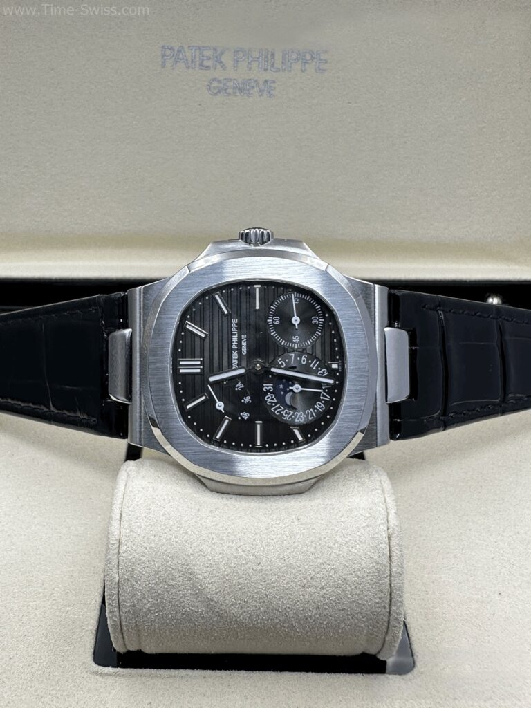 Patek Nautilus Moon Phase Black Dial Leather Strap ZF Swiss เรือนเงิน หน้าดำเทา สายหนัง 07